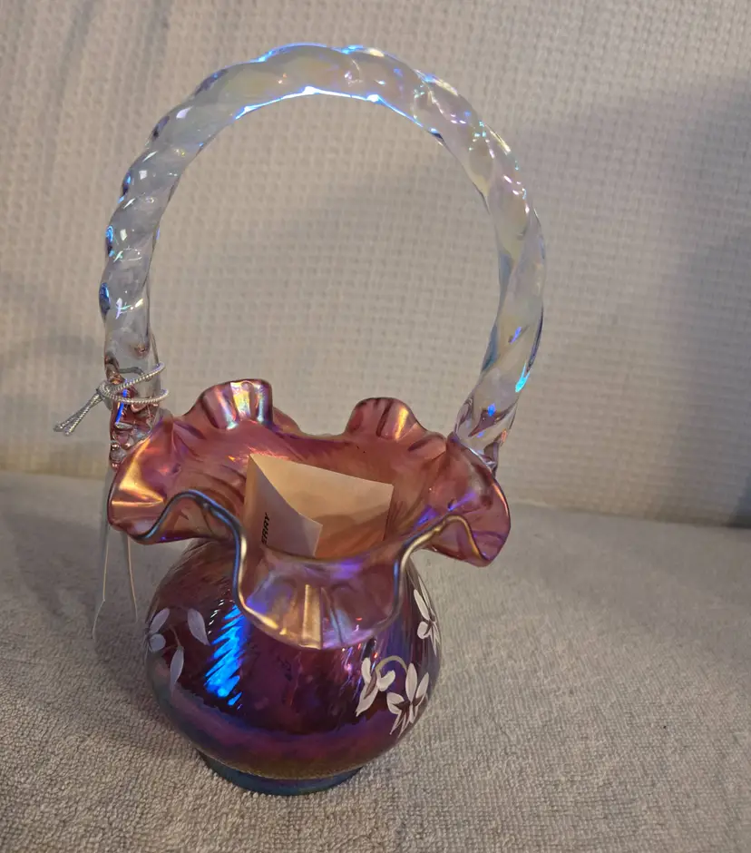 Fenton Art Glass " Signiture Series" Hand Painted Star Flower On Cranberry Pearl Basket