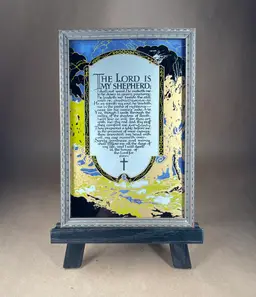 Antique Reverse Painted The Lord Is My Shepherd Prayer in Carved Wood Frame with Glass Front