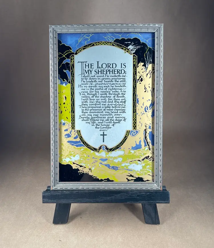 Antique Reverse Painted The Lord Is My Shepherd Prayer in Carved Wood Frame with Glass Front