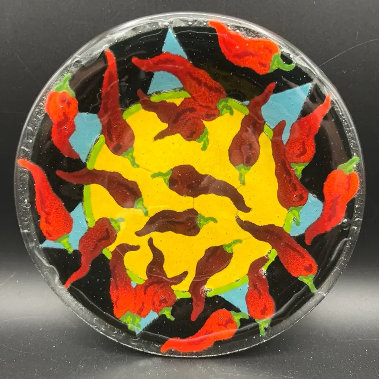 Peggy Karr Fused Glass Chili Pepper Salad Dessert Plates (2) 7.75” & 5.75”
