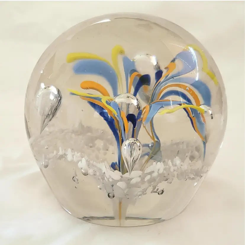 Art Glass Paperweight Portugal Made Round Controlled Bubbles and Flower 3¼" Tall Approximately