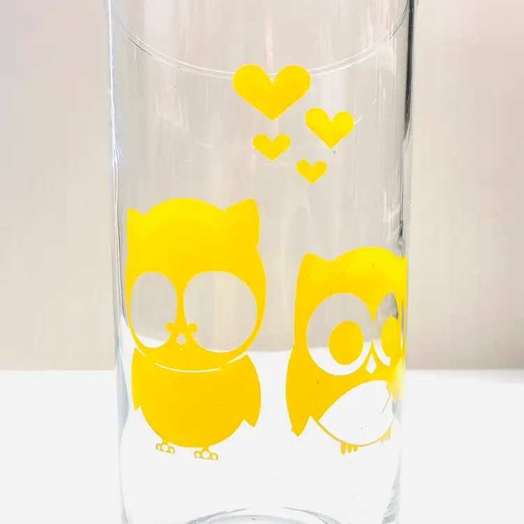 A Pair Vintage Yellow Owl Hearts Drinking Glasses Drinkware Barware