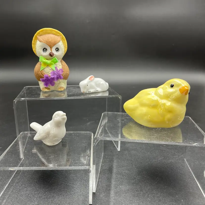 Easter Spring Animal Figurines Owl Chick Bird Bunny Rabbit VTG Ceramic Lot of 4