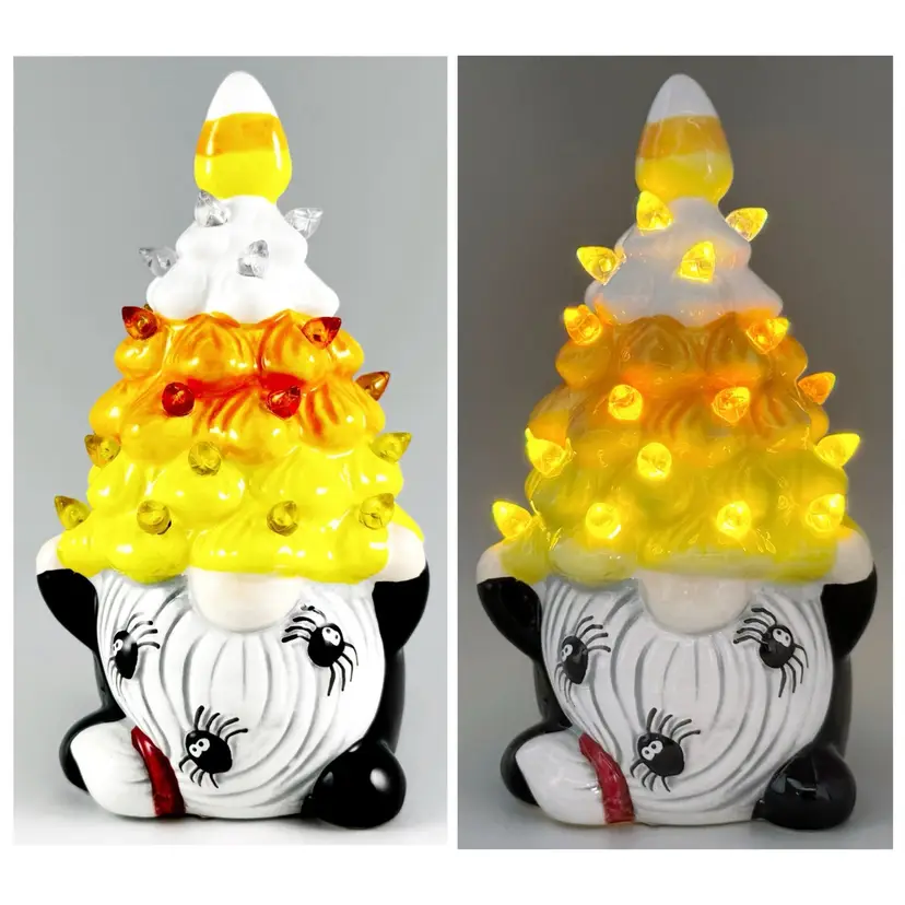 Halloween Gnome Hand Painted Ceramic Candy Corn Christmas Tree Light with Spiders