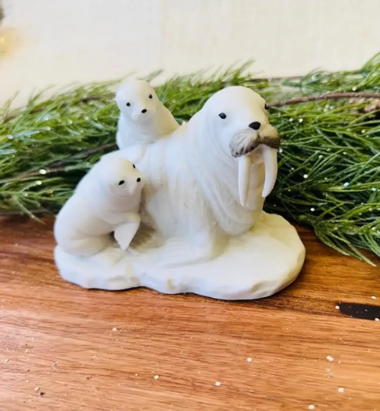 Vintage (1974) ALDON (Japan) porcelain bisque Mother Walrus with two pups USED