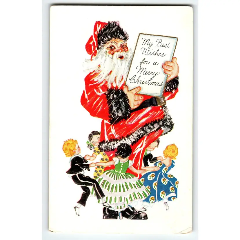 Santa Claus Christmas Postcard Children Dancing Around Saint Nick Embossed