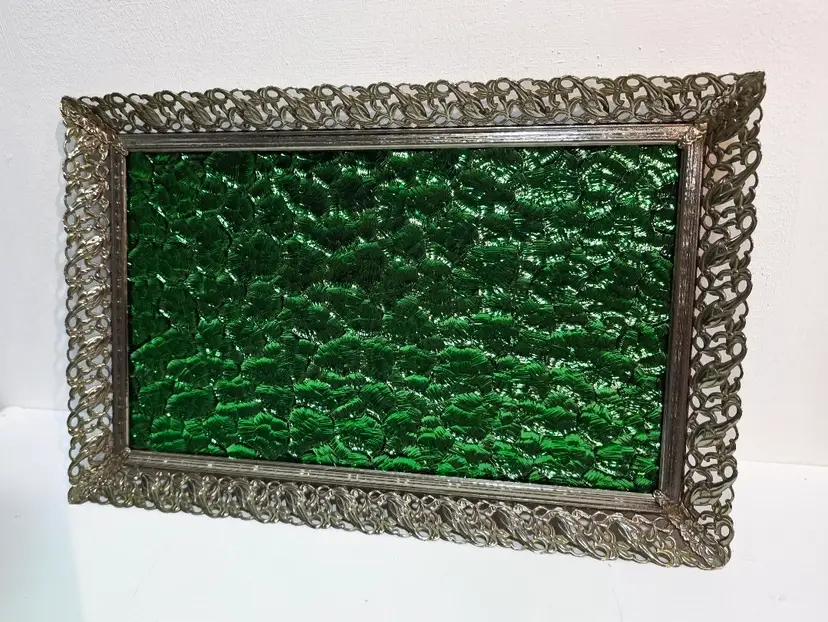 Metal Filigree Mirrored Stained Glass Vanity Tray