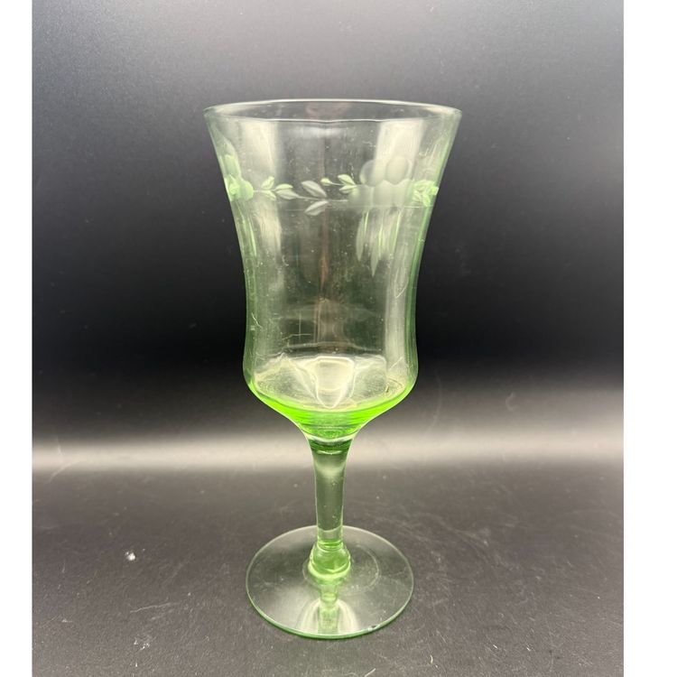 Vintage Uranium Floral Etched Glass Goblet
