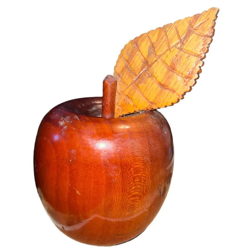 Hand Carved Turned Wood Wooden Apple Fruit Figure With Leaf And Stem 5” Signed