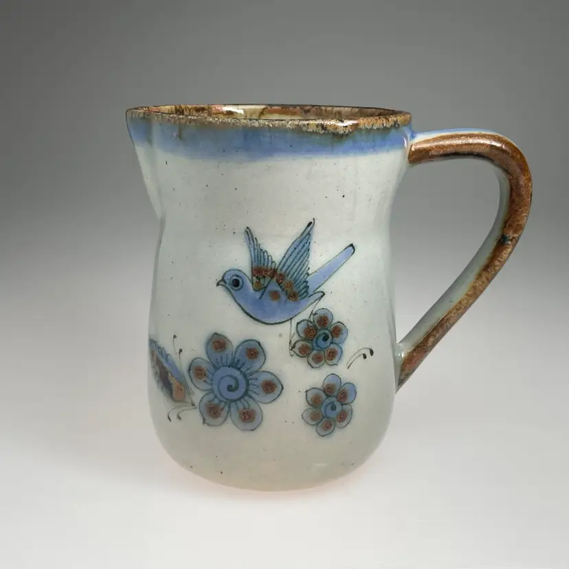 Ken Edwards El Palomar Tonala Pottery 14oz Pitcher Blue Bird Butterfly Mexico Vintage 4.5"