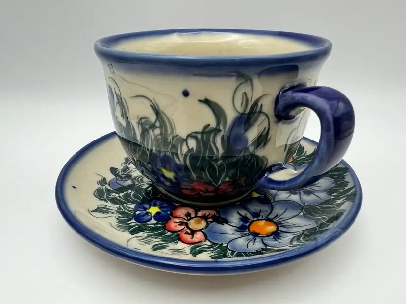 Floral Polish Pottery Cup And Saucer