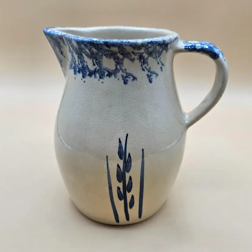 Robinson Ransbottom 6"H Blue Wheat Pitcher Roseville Spongeware - 1 Qt., CRAZING