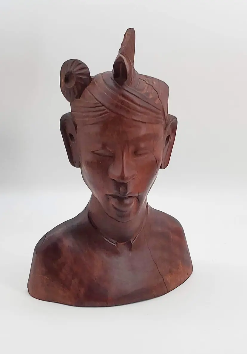 Vintage Hand Carved Indonesian Wooden Bust of a Man in Headdress, 10.5" Tall