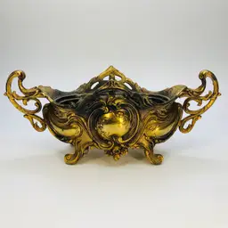Oblong Brass Footed Planter with Tin Liner, Brite Metal NY, Antique French Nouveau Rococo Jardinière Planter, Cachepot