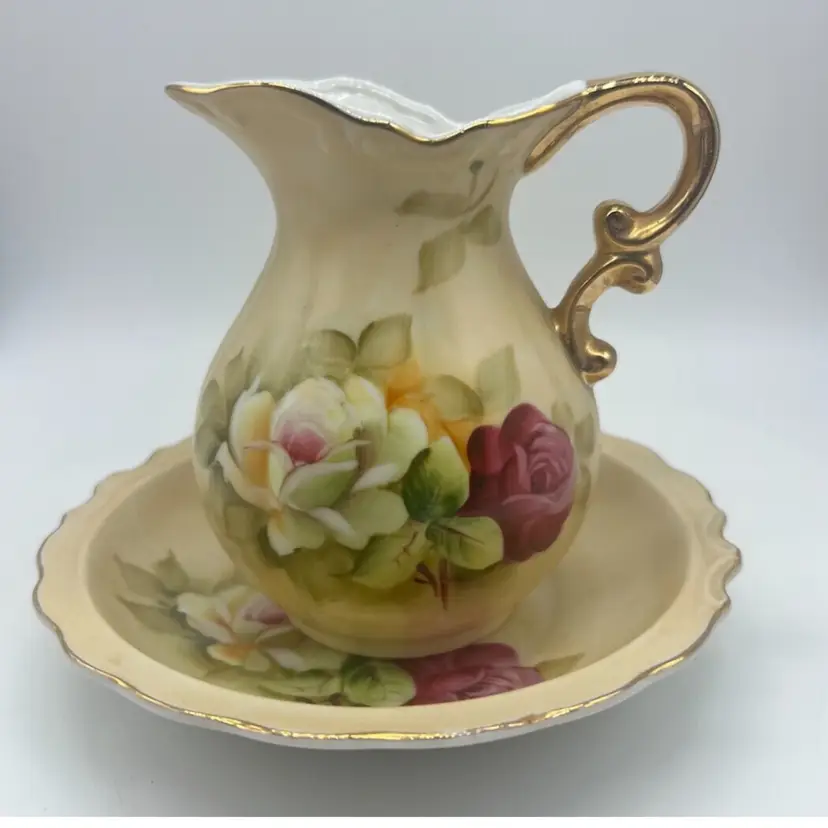 Vintage Lefton China Porcelain Floral Pattern With Gold Trim Hand Painted Pitcher & Bowl #1873