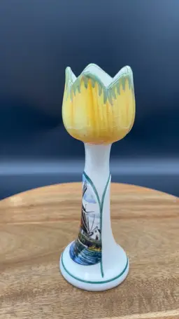 Vintage Dutch Yellow Tulip Handpainted Candlestick Holder - Windmill Scene - Spring Decor - Artist Signed