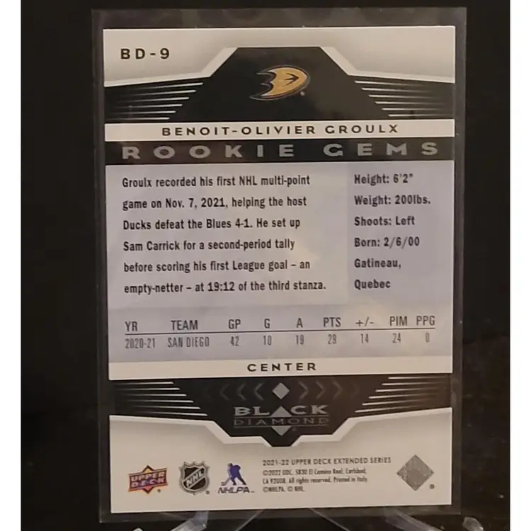 21-22 UD Extended Series Black Diamond Rookie Gems BD-9 Benoit-Olivier Groulx