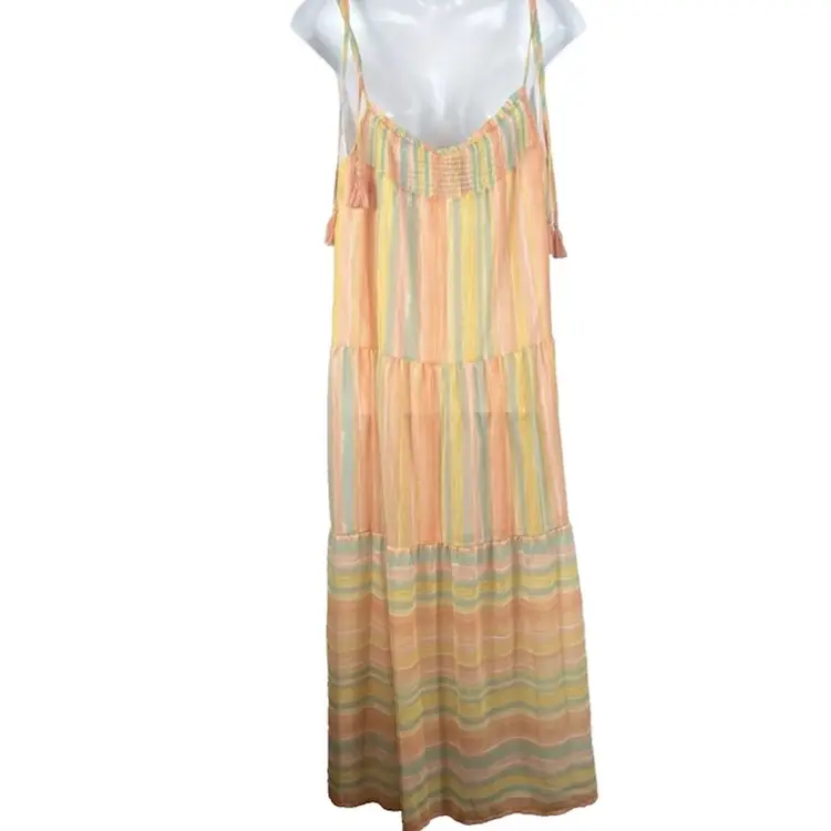 Grace + Karma Maxi Dress Size 1X Smocked Striped Hippie Tassel Boho Festival