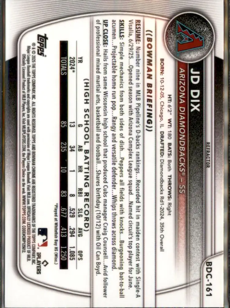 2025 Bowman Draft #BDC-161 JD Dix Chrome Refractor - (138) - Arizona Diamondbacks