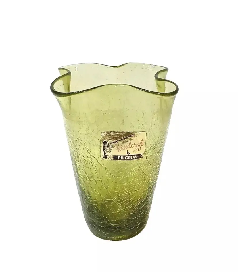 Pilgrim Glass Green Ruffled Crackle Glass Vase W/ Original Tag 4½" Vintage