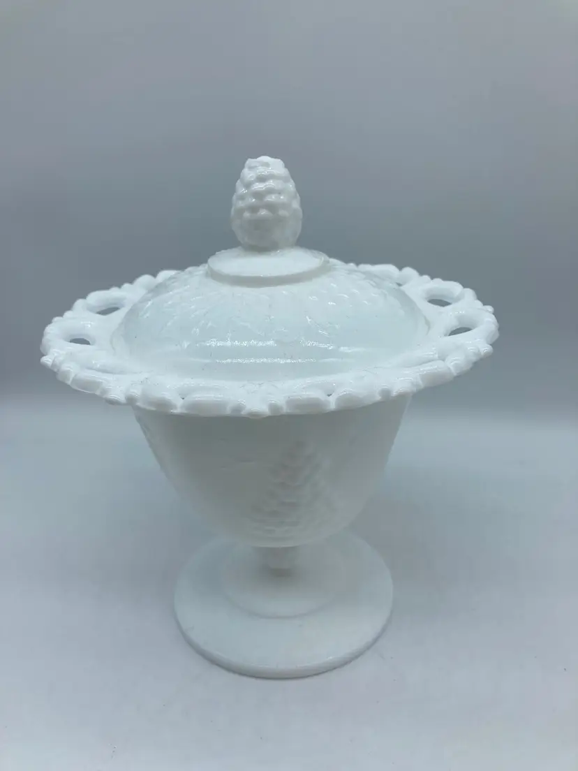 Vintage Indiana Milk Glass Harvest with Open Lace Lidded Candy Dish