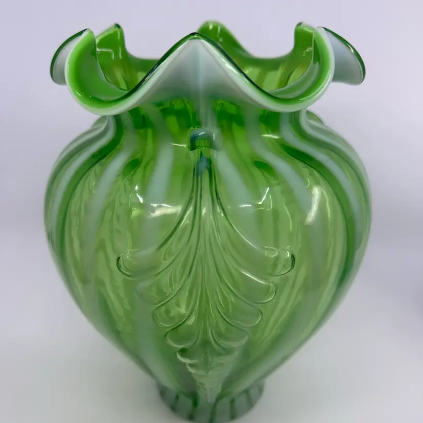 Fenton 100 Year Anniversary Green Opalescent Feather Vase 9.5” ( Hard To Find)