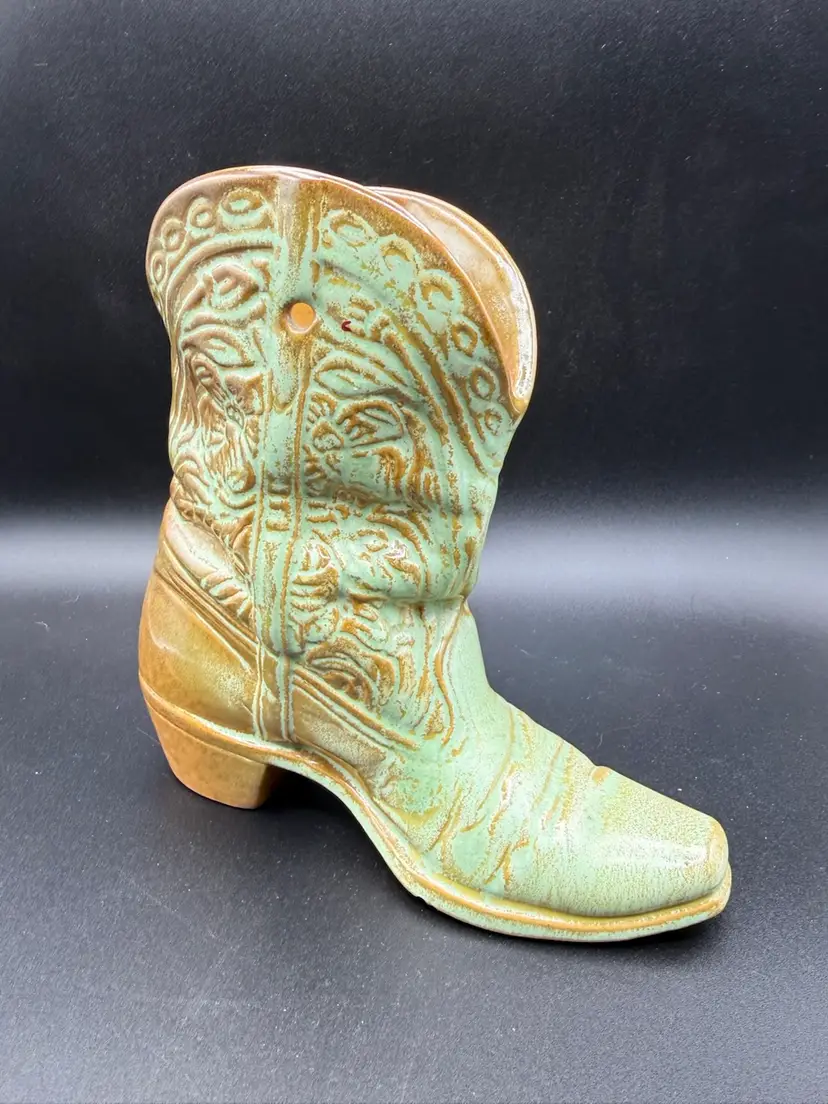 Vintage Frankoma Prairie Green Pottery Boot Wall Pocket 7”