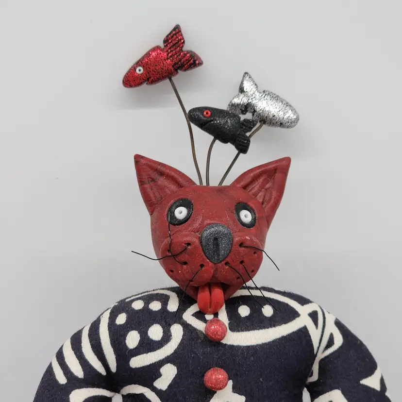 Whimsical Cat Figure Shelf Sitter Fish on Head Fabric and Polymer African Design VTG