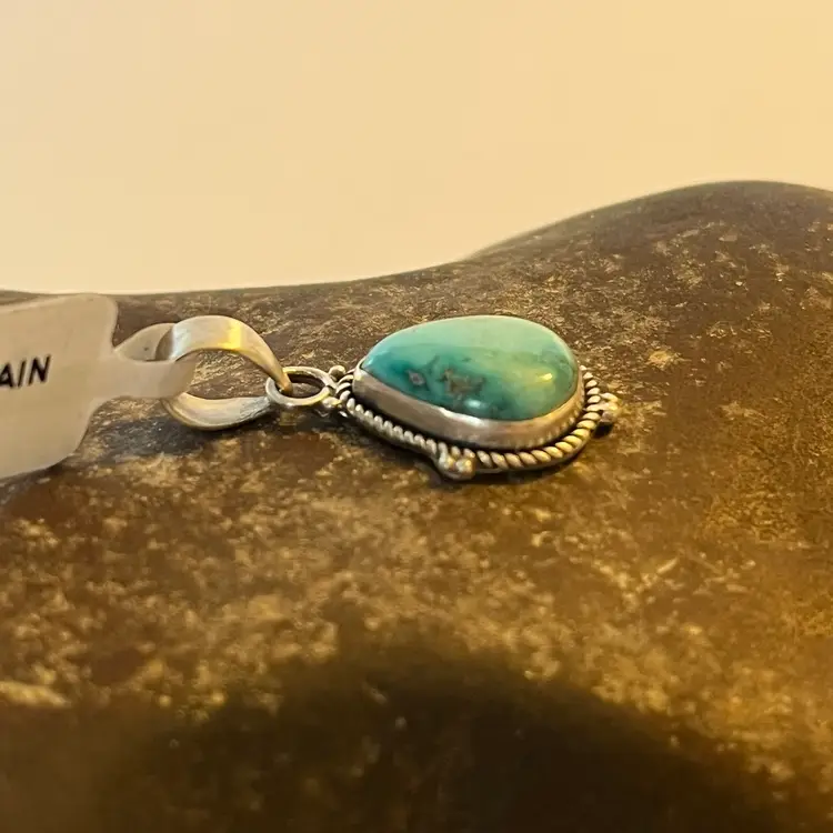 925 Sterling Silver Genuine Lone Mountain Turquoise Teardrop Pendant Small