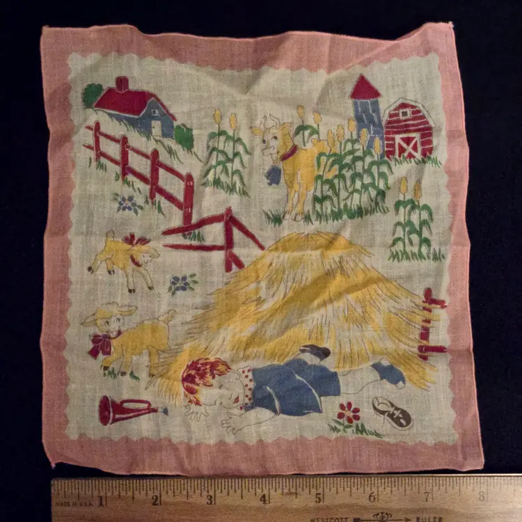 Child's Hankie Little Boy Blue Nursery Rhyme 8" Square Multicolor with Cindition Issues Vintage