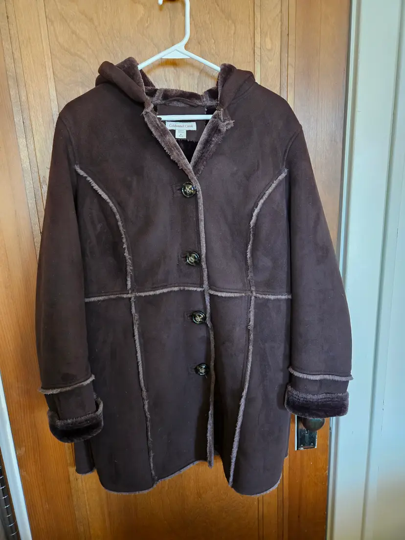 Coldwater Creek Coat Medium Sz 10-12 Brown Faux Shearling Suede Fur Winter Coat