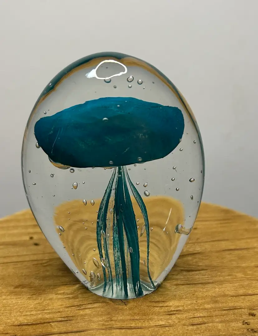 Teal Colored Unmarked Jellyfish Art Glass With Some Flea Bites On Bottom Imperfections 3 1/2x 2 1/2