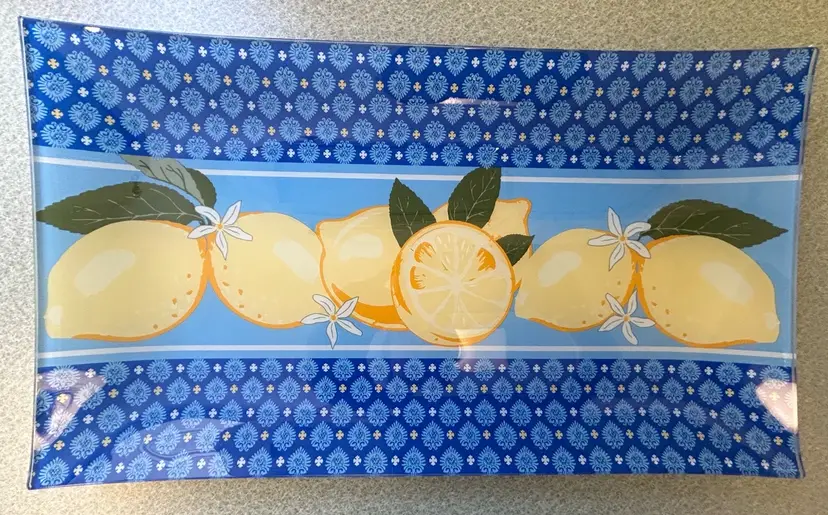 DECOUPAGE Glass Serving Tray/Plate Blue with Lemons