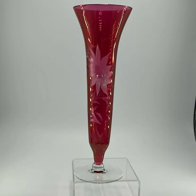 Etched Ruby Red Flashed Vase
