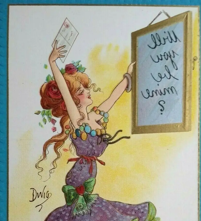 Victorian Postcard Witch Magic Wall Mirror Dwig Series 30 Will You Be Mine ?