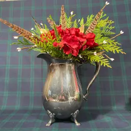 Vintage Silverplate Water Pitcher by Crescent Silver Co. Ice Guard, Animal Hoof Feet, 9 inches tall.