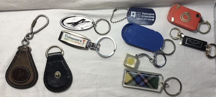 Miscellaneous key rings, lot of 10, plastic, metal, leather