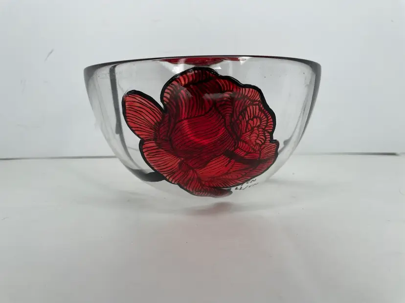 Kosta Boda Hand Painted Rose Tattoo Glass Bowl Ludvig Lofgren 6”W Signed