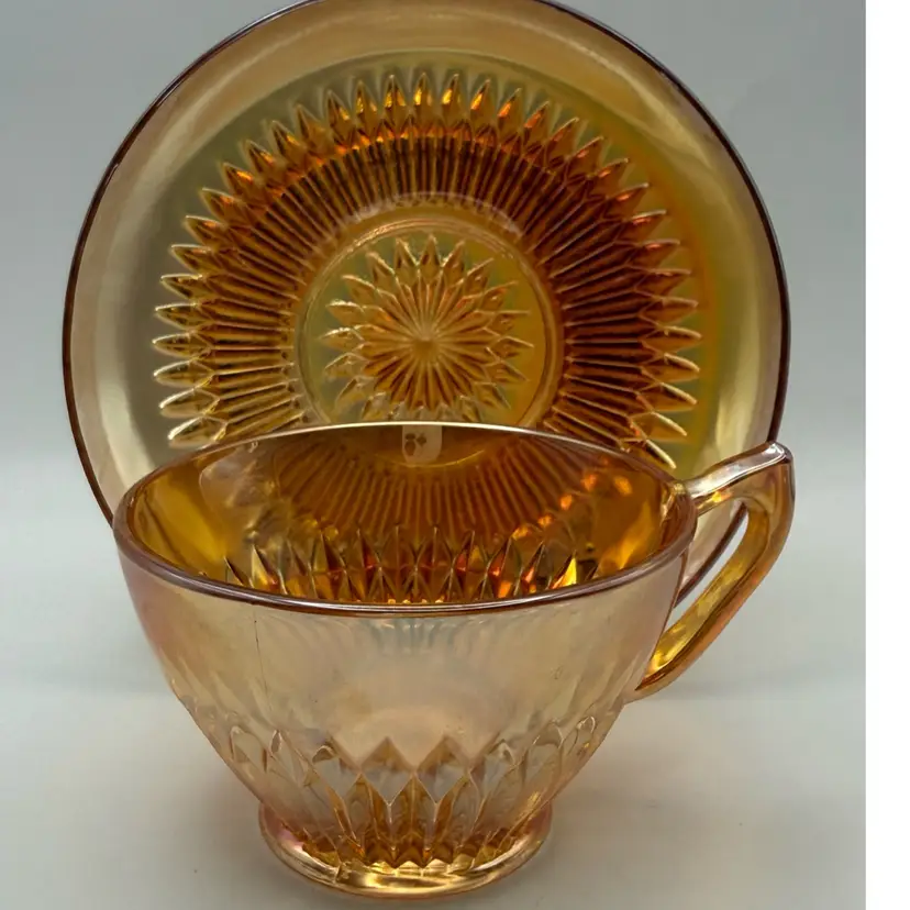 Marigold Carnival Glass Cup & Saucer Iridescent Vintage