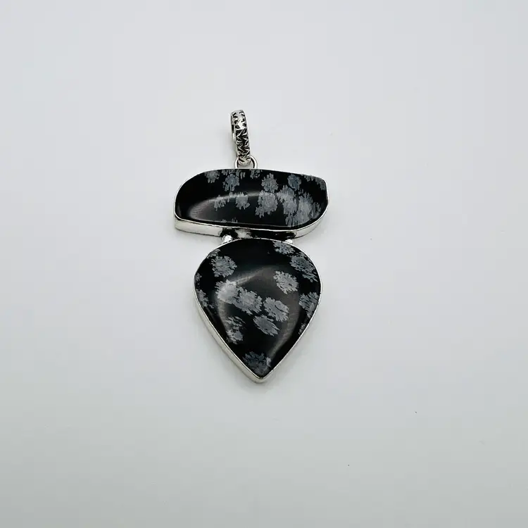 Handcrafted 2-Stone Snowflake Obsidian Pendant in Sterling Silver Finish