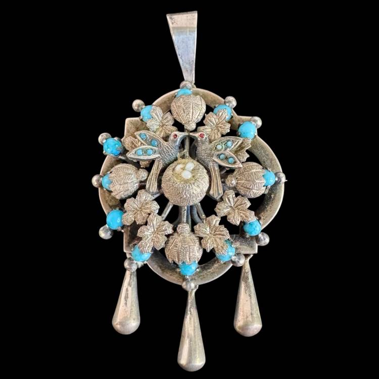 Vintage Zuni Sterling Silver Hummingbird Nest Pendant Brooch Turquoise