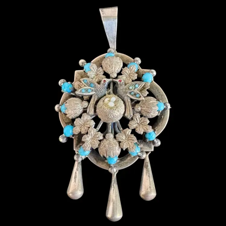 Vintage Zuni Sterling Silver Hummingbird Nest Pendant Brooch Turquoise