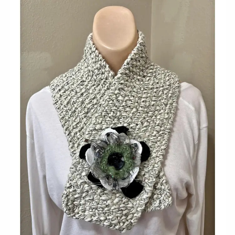 Artesian Embellished Knit Scarf Muffler Handmade Tweed Textured Designer OOAK