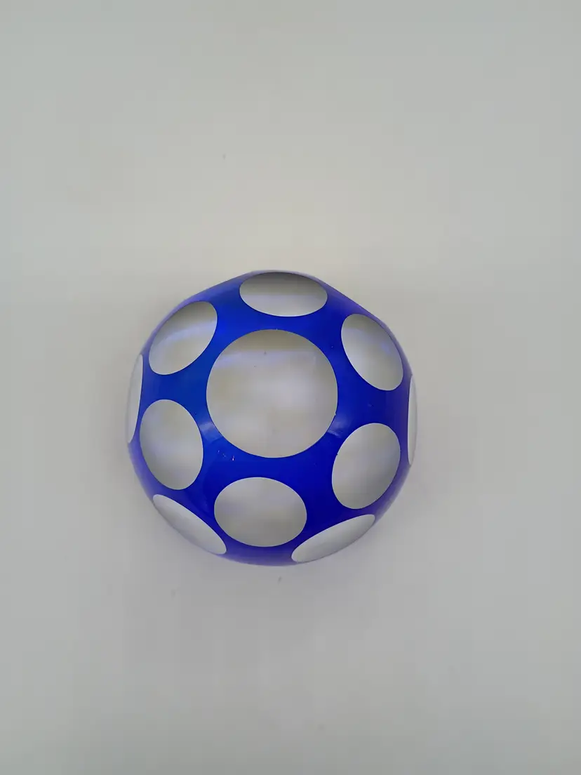 Vintage Bohemian Cobalt Cut to Clear Coin Dot Pattern Paperweight 3"