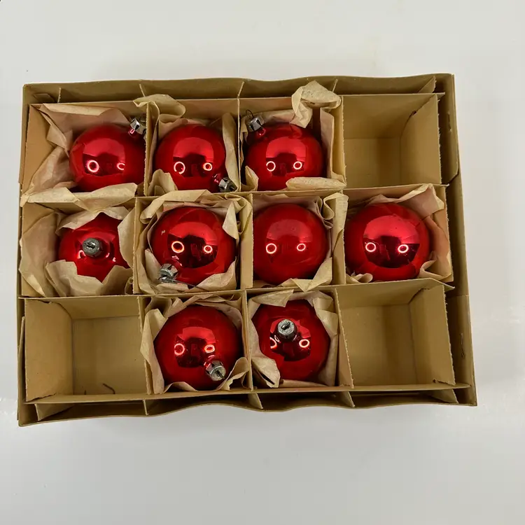 Partial Set of 9 Vintage Red Glass Christmas Tree Ornaments, Poland