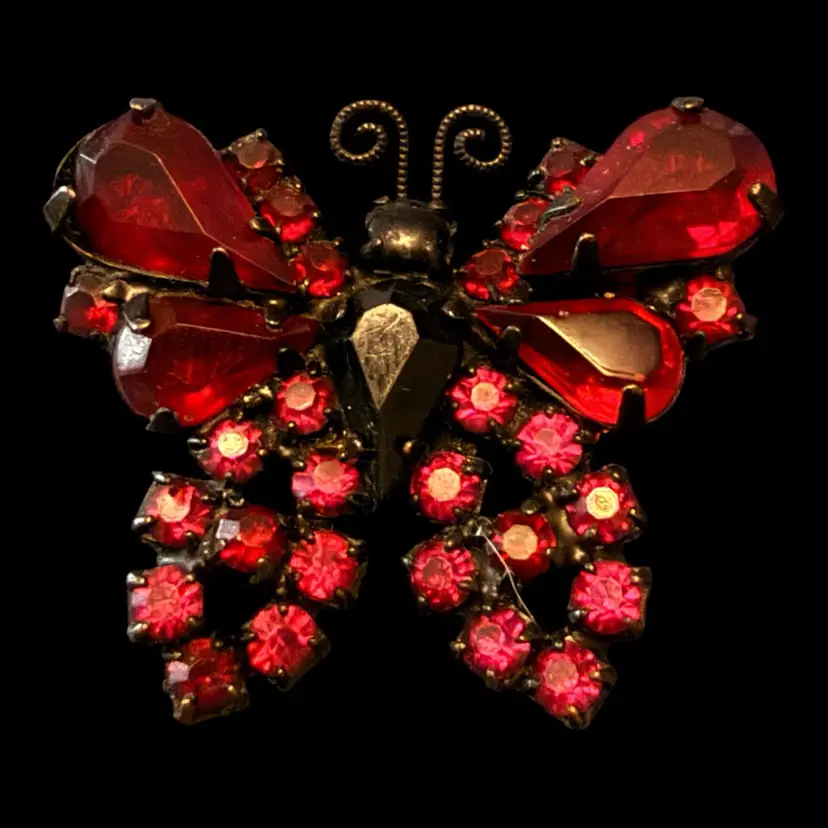 Weiss Red Rhinestone Butterfly Brooch Pin 1.25”