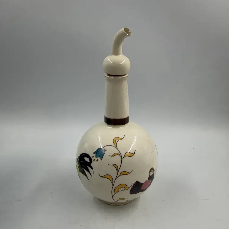 Vintage Folk Art Hand Painted Rooster/Chicken Vase Or Oil Dispenser Farm House Decor