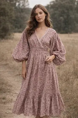 Pomegranates L Dress Pink Floral 100% Cotton India Printed Boho Cottage Peasant