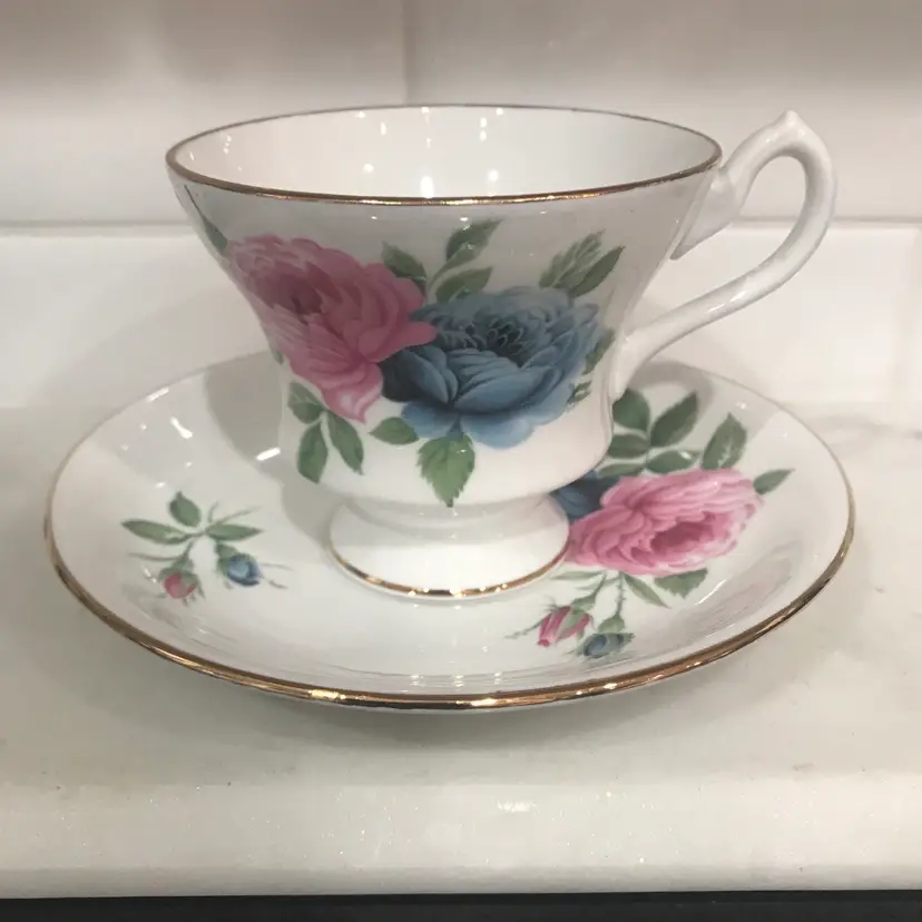 Vintage Royal Imperial Pink & Blue Roses Cup and Saucer England