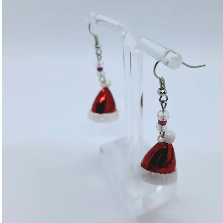 Santa Hat Christmas Earrings Red White Fishhook Ear Wires